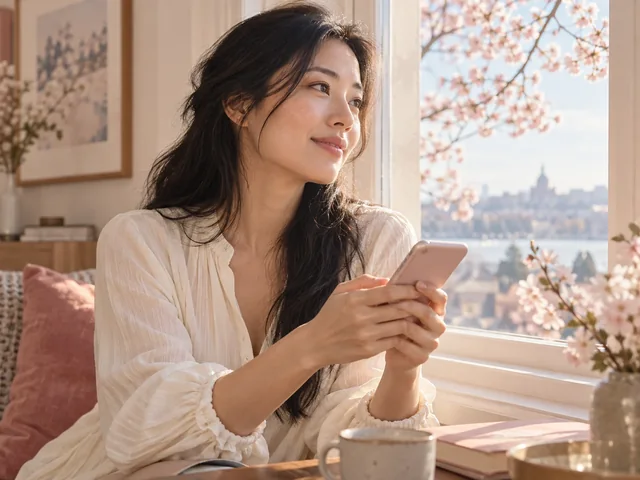 A woman using her phone by a sunlit window