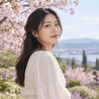 A woman in a sunlit garden